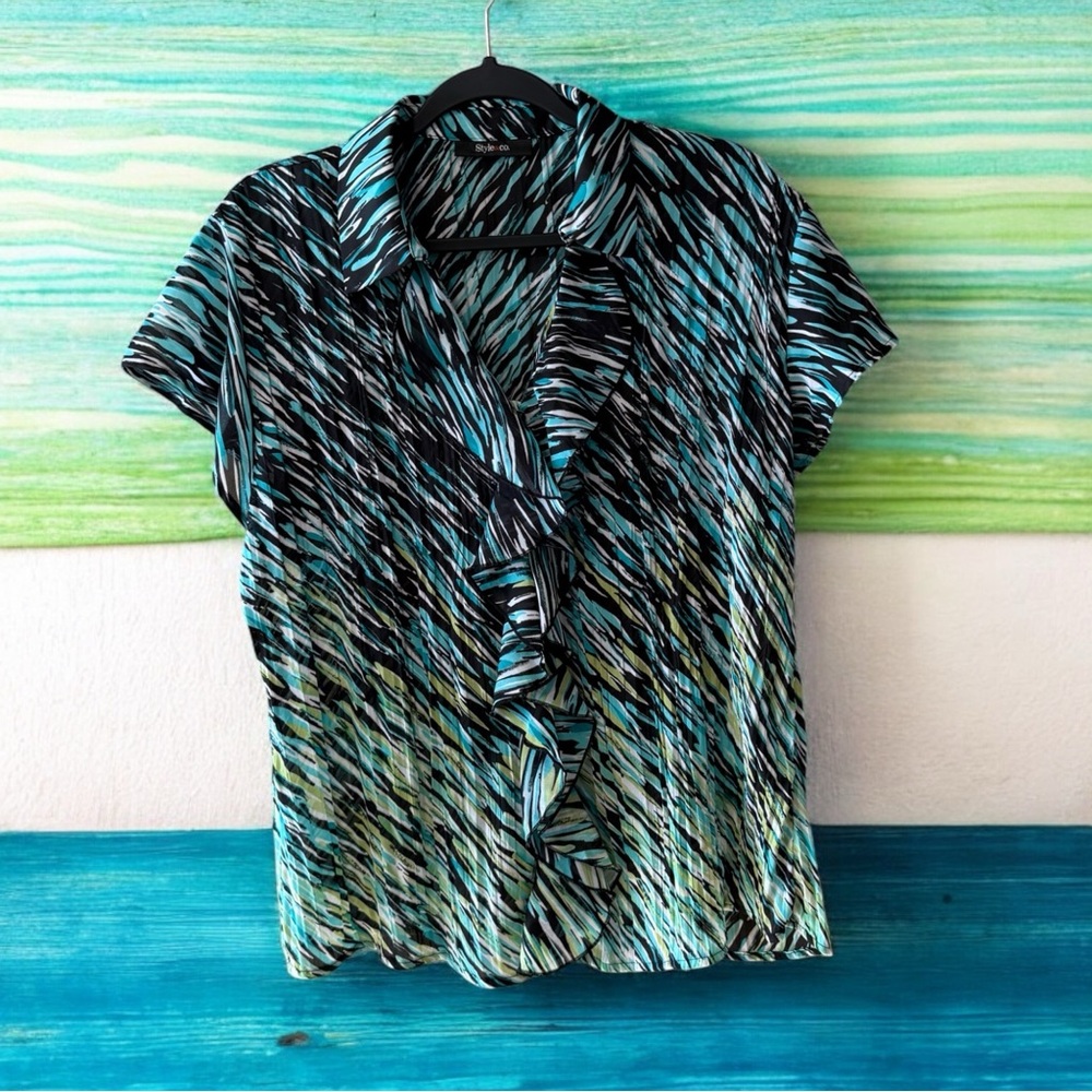 Style & Co. Black/Turquoise/Lime Green/White Streaky Print Ruffle Top